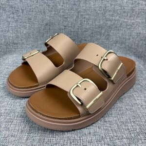 Fitflop Gen-FF Buckle Two Bar Leather Slides Size 8.5 Classic Beige Comfort Shoe